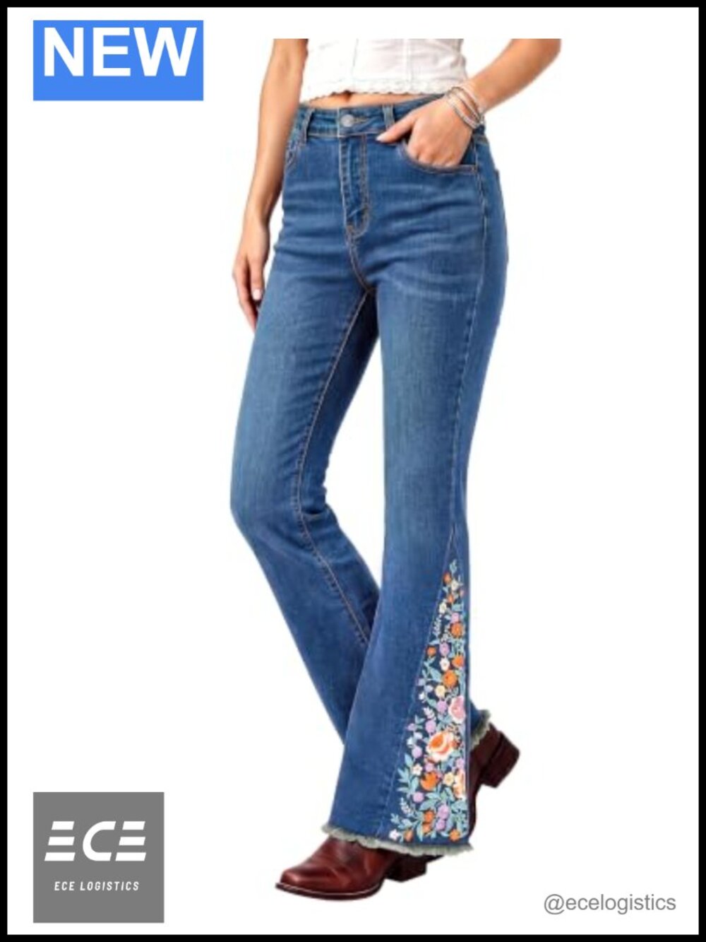 Womens High Rise Floral Embroidered Flare Jeans Raw Hem Bootcut Denim